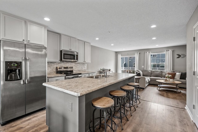 7363 146th Xing NW, Ramsey, MN 55303 - kitchen featuring stainless steel appliances, light wood-type flooring, decorative backsplash, a breakfast bar, and light countertops