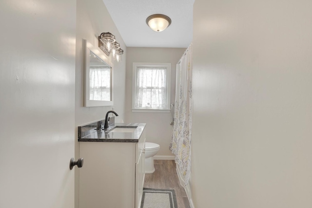 111 4th St, Kenyon, MN 55946 - full bathroom featuring vanity, toilet, wood finished floors, baseboards, and a shower with curtain