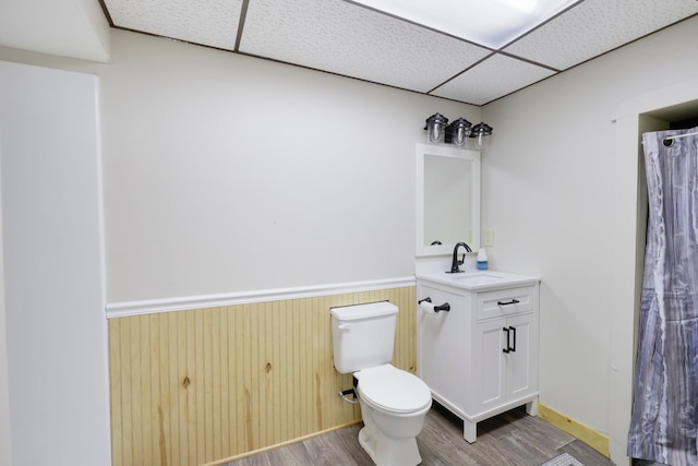 111 4th St, Kenyon, MN 55946 - bathroom with toilet, wood finished floors, vanity, wainscoting, and wood walls