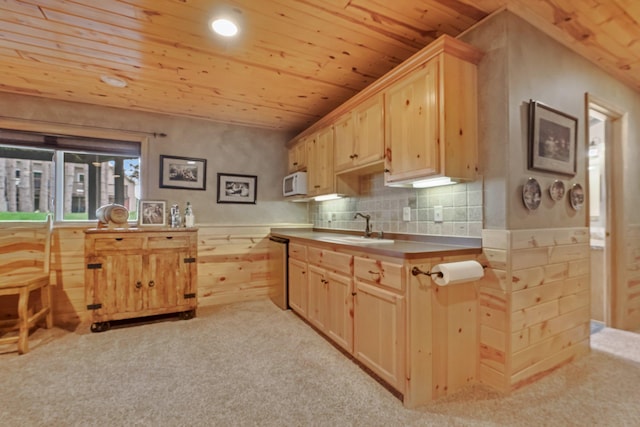 13023 Yellow Pine Cir NW, Coon Rapids, MN 55448 - kitchen featuring wood ceiling, light brown cabinets, white microwave, a sink, and light carpet