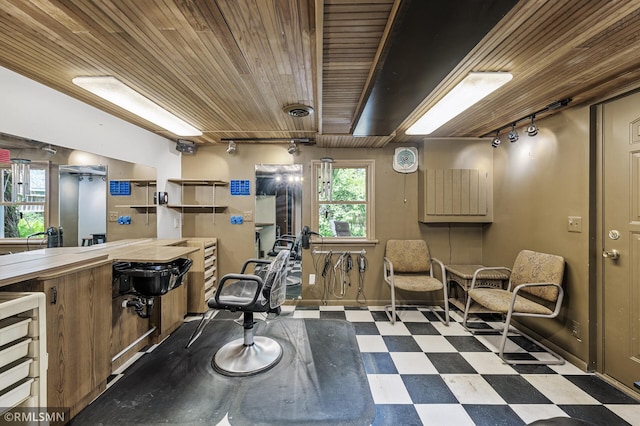 6316 15th Ave S, Richfield, MN 55423 - misc room featuring rail lighting, tile patterned floors, beverage cooler, wooden ceiling, and baseboards