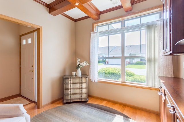 2230 Lower Afton Rd E, Saint Paul, MN 55119 - foyer entrance featuring beam ceiling, light wood-type flooring, baseboards, crown molding, and coffered ceiling