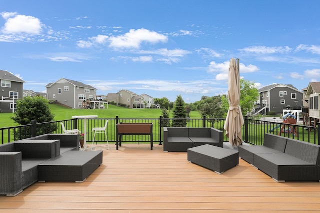 8633 Ambergate Dr, Victoria, MN 55386 - deck with an outdoor hangout area, a residential view, and a lawn