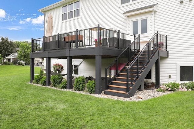 8633 Ambergate Dr, Victoria, MN 55386 - back of property with a wooden deck, a lawn, and stairs