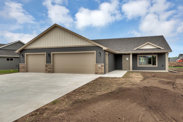 212 Woolgrass Way, Avon, MN 56310 - view of front facade featuring a garage, a shingled roof, driveway, board and batten siding, and a porch