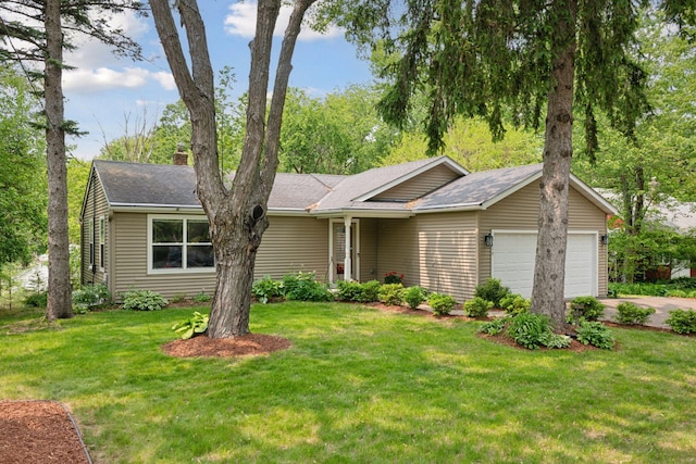 5110 Woodridge Rd, Minnetonka, MN 55345 - ranch-style house with a garage, a front lawn, driveway, a chimney, and roof with shingles