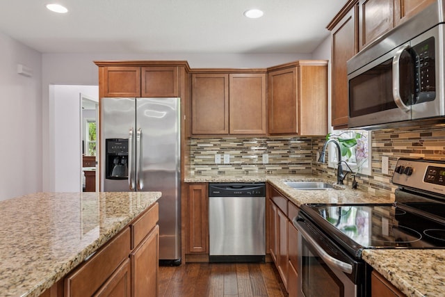 5110 Woodridge Rd, Minnetonka, MN 55345 - kitchen with appliances with stainless steel finishes, a sink, tasteful backsplash, dark wood-style floors, and recessed lighting