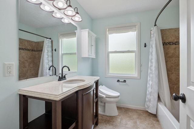 5110 Woodridge Rd, Minnetonka, MN 55345 - bathroom featuring toilet, vanity, shower / bath combo with shower curtain, baseboards, and tile patterned floors