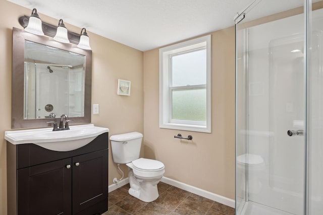 5110 Woodridge Rd, Minnetonka, MN 55345 - bathroom with baseboards, toilet, vanity, and a walk in shower