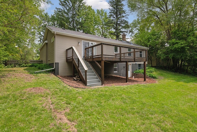 5110 Woodridge Rd, Minnetonka, MN 55345 - rear view of house with a wooden deck, stairs, a lawn, and a chimney