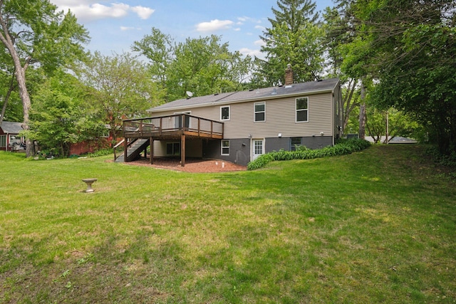 5110 Woodridge Rd, Minnetonka, MN 55345 - back of house with stairway, a deck, a chimney, and a yard