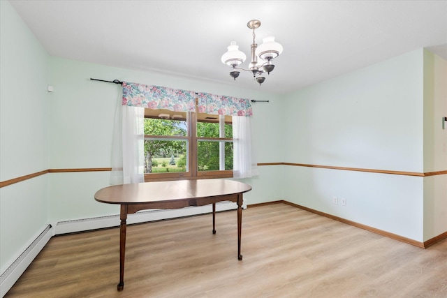41502 Flink Ave, North Branch, MN 55056 - dining room featuring baseboard heating, wood finished floors, and a chandelier