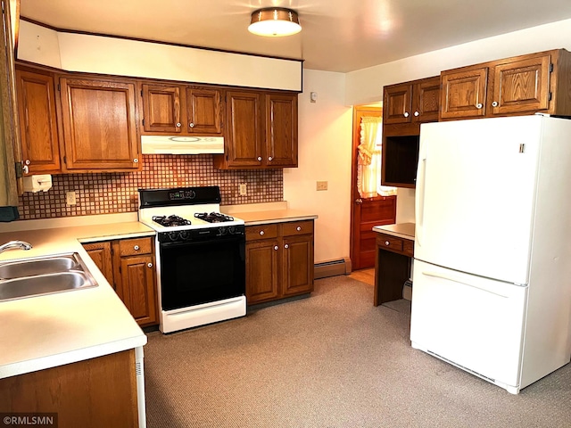 1277 Shakopee Ave E, Shakopee, MN 55379 - kitchen featuring freestanding refrigerator, gas stove, under cabinet range hood, a baseboard heating unit, and a sink