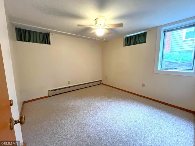 1277 Shakopee Ave E, Shakopee, MN 55379 - carpeted spare room featuring a baseboard heating unit, a ceiling fan, and baseboards