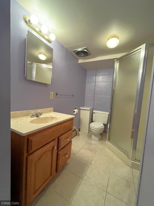 1277 Shakopee Ave E, Shakopee, MN 55379 - full bathroom with a shower stall, vanity, tile patterned floors, and toilet
