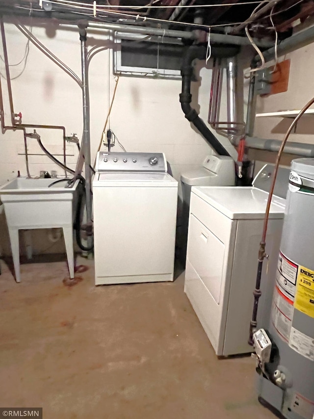 1277 Shakopee Ave E, Shakopee, MN 55379 - laundry area featuring water heater, separate washer and dryer, and concrete block wall