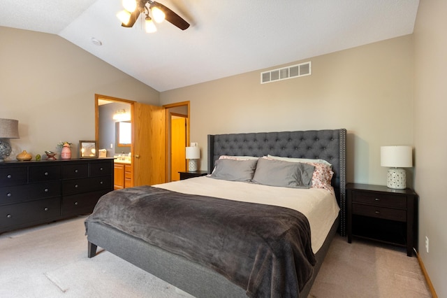 6445 Coryell Ct, Inver Grove Heights, MN 55076 - bedroom with light carpet, vaulted ceiling, a ceiling fan, and ensuite bath