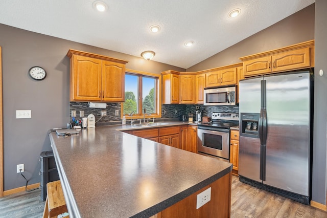 881 217th St, Osceola, WI 54020 - kitchen with appliances with stainless steel finishes, a sink, a peninsula, dark countertops, and lofted ceiling