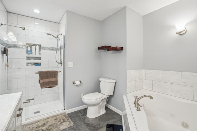 881 217th St, Osceola, WI 54020 - full bath with toilet, a whirlpool tub, baseboards, a stall shower, and recessed lighting