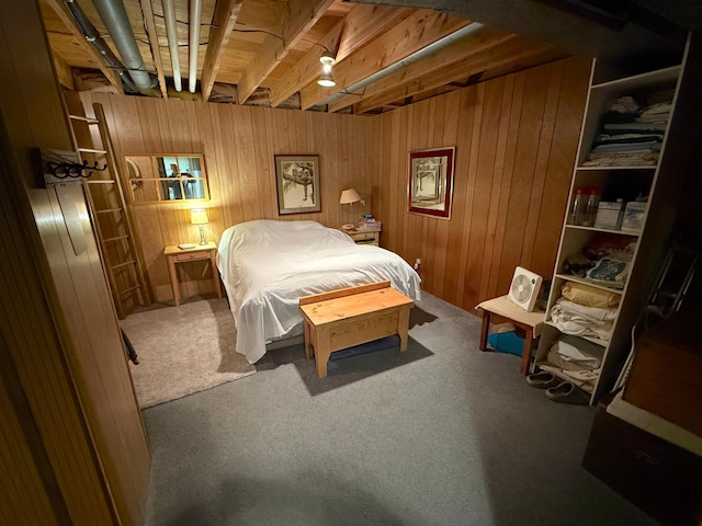 26813 Scenic Byway Rd, Faxon Twp, MN 56011 - bedroom with wood walls and carpet flooring