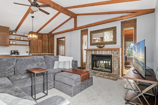 6230 Elm Ridge Cir, Corcoran, MN 55340 - carpeted living area featuring a fireplace and a ceiling fan