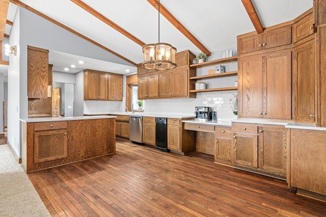 6230 Elm Ridge Cir, Corcoran, MN 55340 - kitchen featuring dishwasher, dark wood-style floors, open shelves, tasteful backsplash, and recessed lighting