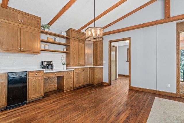 6230 Elm Ridge Cir, Corcoran, MN 55340 - kitchen with open shelves, decorative backsplash, a chandelier, dark wood finished floors, and brown cabinetry
