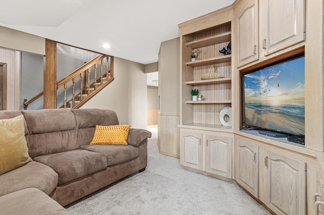 6230 Elm Ridge Cir, Corcoran, MN 55340 - living room featuring light carpet, stairway, and recessed lighting