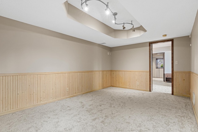 6230 Elm Ridge Cir, Corcoran, MN 55340 - unfurnished room with carpet flooring, a wainscoted wall, a tray ceiling, and wooden walls
