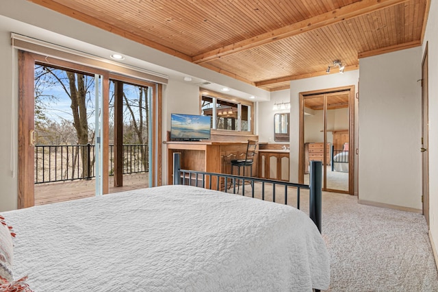 6230 Elm Ridge Cir, Corcoran, MN 55340 - bedroom featuring access to exterior, wooden ceiling with exposed beams, carpet, baseboards, and recessed lighting