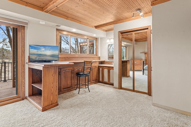 6230 Elm Ridge Cir, Corcoran, MN 55340 - indoor dry bar featuring wooden ceiling with exposed beams, light colored carpet, plenty of natural light, and baseboards