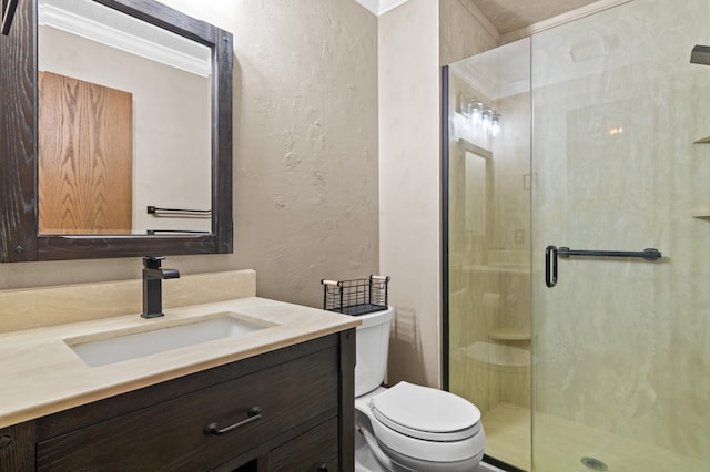 6230 Elm Ridge Cir, Corcoran, MN 55340 - full bathroom with toilet, vanity, crown molding, a textured wall, and a stall shower