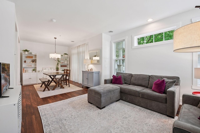 1924 Shamrock Pl, Chaska, MN 55318 - living room featuring dark wood-style floors, a chandelier, and recessed lighting