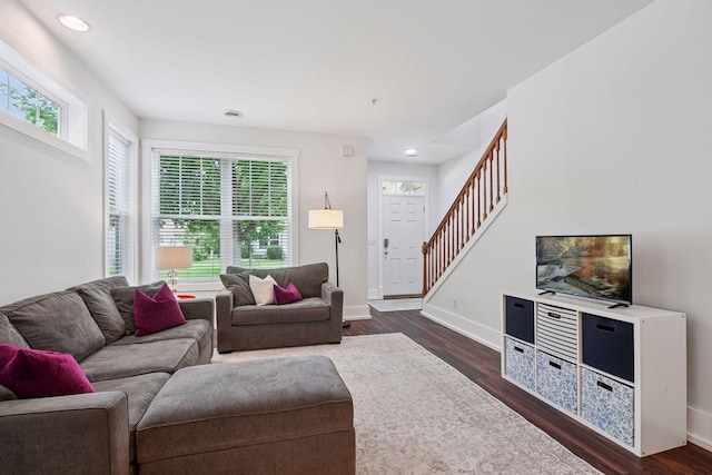 1924 Shamrock Pl, Chaska, MN 55318 - living area with healthy amount of natural light, stairs, dark wood finished floors, and recessed lighting