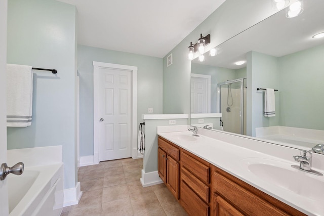 1924 Shamrock Pl, Chaska, MN 55318 - bathroom with a garden tub, a stall shower, double vanity, and tile patterned flooring