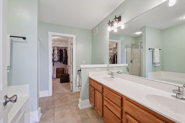 1924 Shamrock Pl, Chaska, MN 55318 - bathroom featuring a shower stall, a spacious closet, a bath, double vanity, and tile patterned flooring