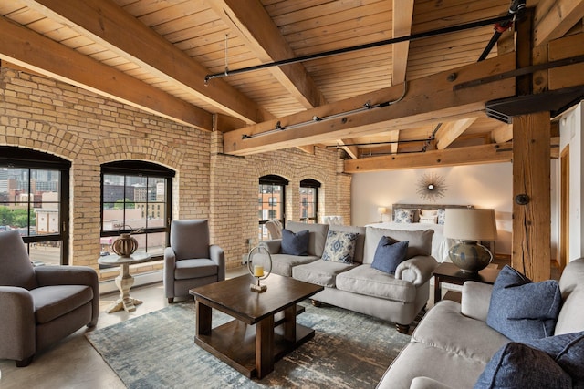 404 Washington Ave N Unit 504, Minneapolis, MN 55401 - living room featuring brick wall, wood ceiling with exposed beams, concrete flooring, and a baseboard heating unit