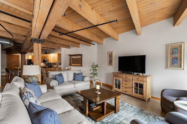 404 Washington Ave N Unit 504, Minneapolis, MN 55401 - living area featuring wood ceiling with exposed beams and baseboards