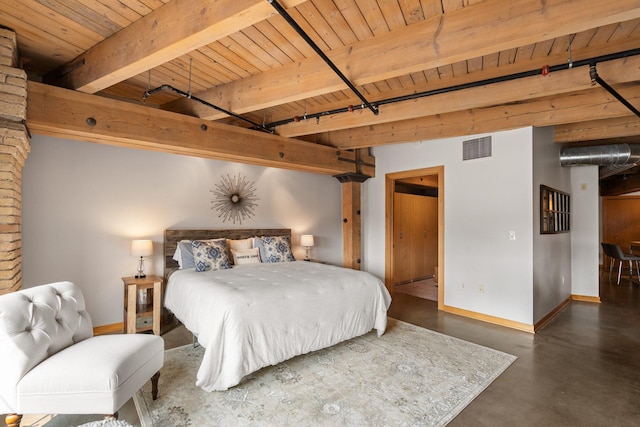 404 Washington Ave N Unit 504, Minneapolis, MN 55401 - bedroom featuring wood ceiling with exposed beams, finished concrete flooring, and baseboards