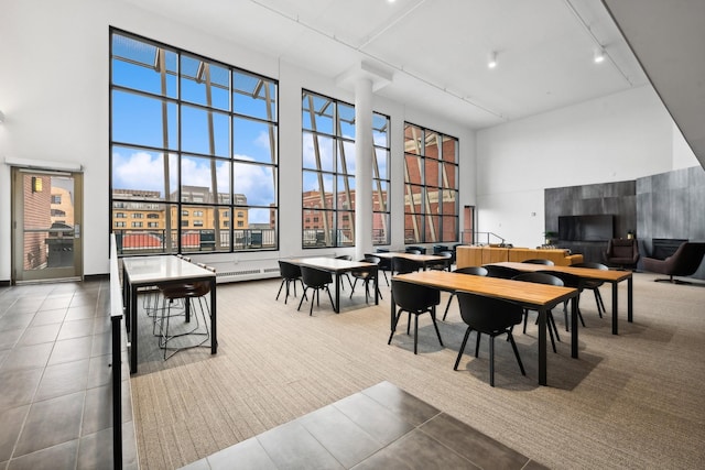 404 Washington Ave N Unit 504, Minneapolis, MN 55401 - dining space with a high ceiling, plenty of natural light, carpet flooring, and a baseboard radiator