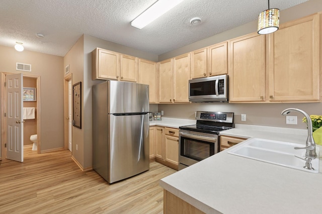 17829 66th Ave N, Maple Grove, MN 55311 - kitchen with appliances with stainless steel finishes, light brown cabinets, light wood-type flooring, light countertops, and a textured ceiling