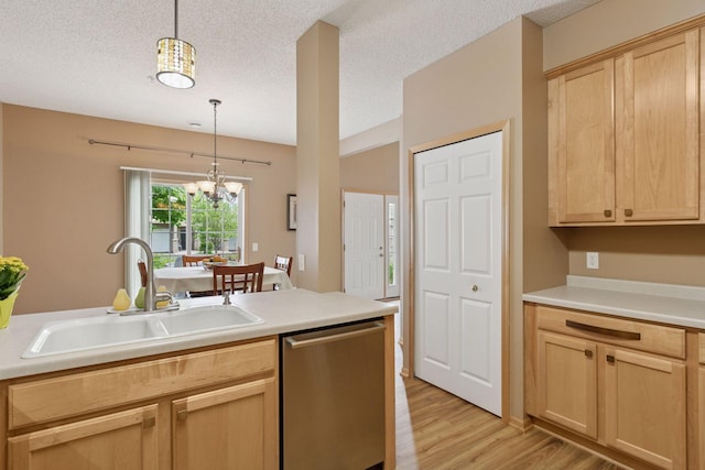 17829 66th Ave N, Maple Grove, MN 55311 - kitchen featuring dishwasher, light brown cabinetry, light wood-type flooring, light countertops, and a chandelier
