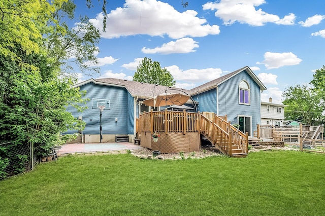 1439 Oakdale Ave W, Saint Paul, MN 55118 - back of house featuring a wooden deck, stairs, a patio area, and a yard