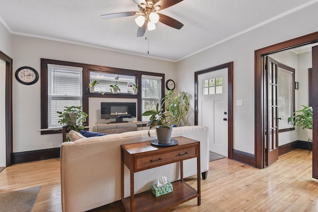 3314 Aldrich Ave N, Minneapolis, MN 55412 - living room featuring ornamental molding, light wood-type flooring, ceiling fan, baseboards, and a textured ceiling