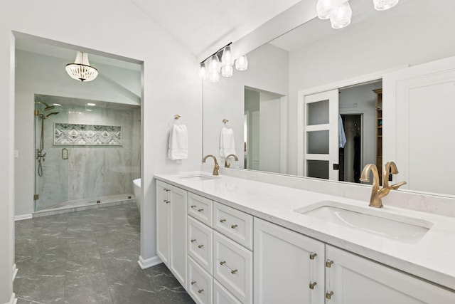 9320 Abigail Ct, Inver Grove Heights, MN 55077 - bathroom with marble look tile flooring, a stall shower, double vanity, a freestanding bath, and lofted ceiling
