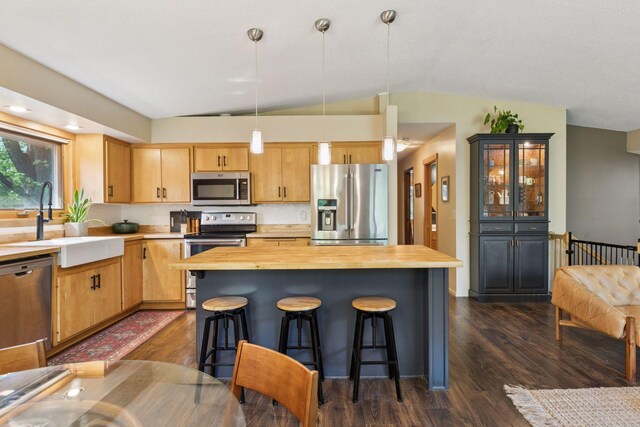 164 Wendy Ct, Shoreview, MN 55126 - kitchen featuring stainless steel appliances, butcher block countertops, dark wood-style flooring, a breakfast bar, and lofted ceiling