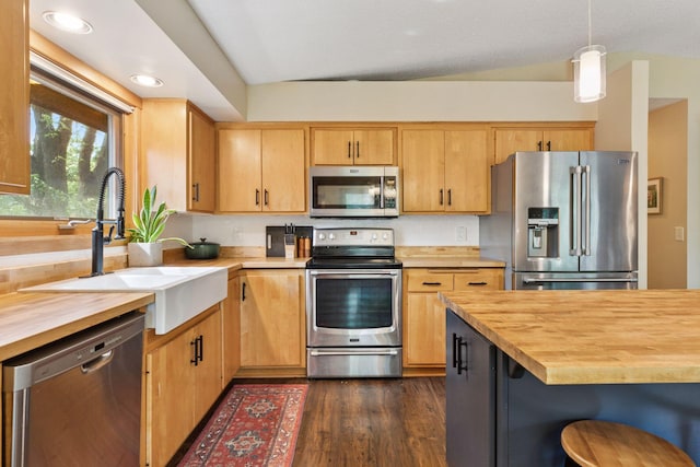 164 Wendy Ct, Shoreview, MN 55126 - kitchen with wooden counters, stainless steel appliances, a sink, dark wood-style flooring, and a breakfast bar