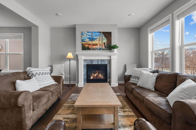 12946 Jewell Cir, Blaine, MN 55449 - living room featuring dark wood-style flooring, baseboards, a fireplace, and recessed lighting