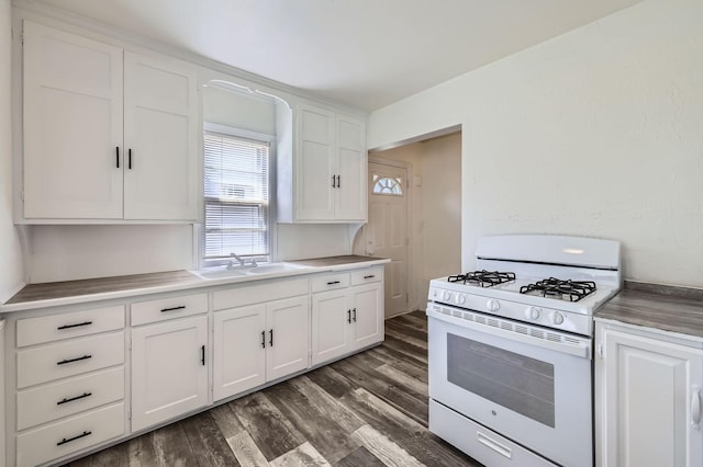 4921 Fremont Ave N, Minneapolis, MN 55430 - kitchen with white gas stove, a sink, white cabinets, dark wood-style floors, and light countertops