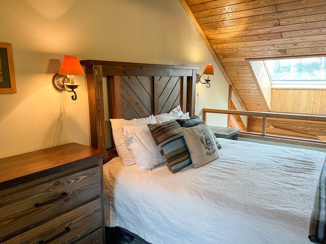 529 Moose Mountain Dr, Lutsen Twp, MN 55615 - bedroom featuring a skylight, wooden ceiling, and vaulted ceiling